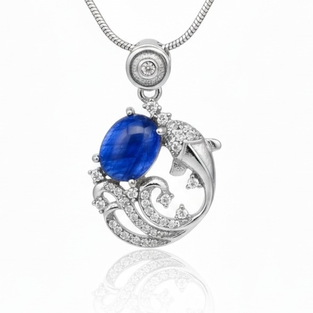 Silver Fish Wave‎ Blue Kyanite  Gemstone Pendant Necklace Jewelry